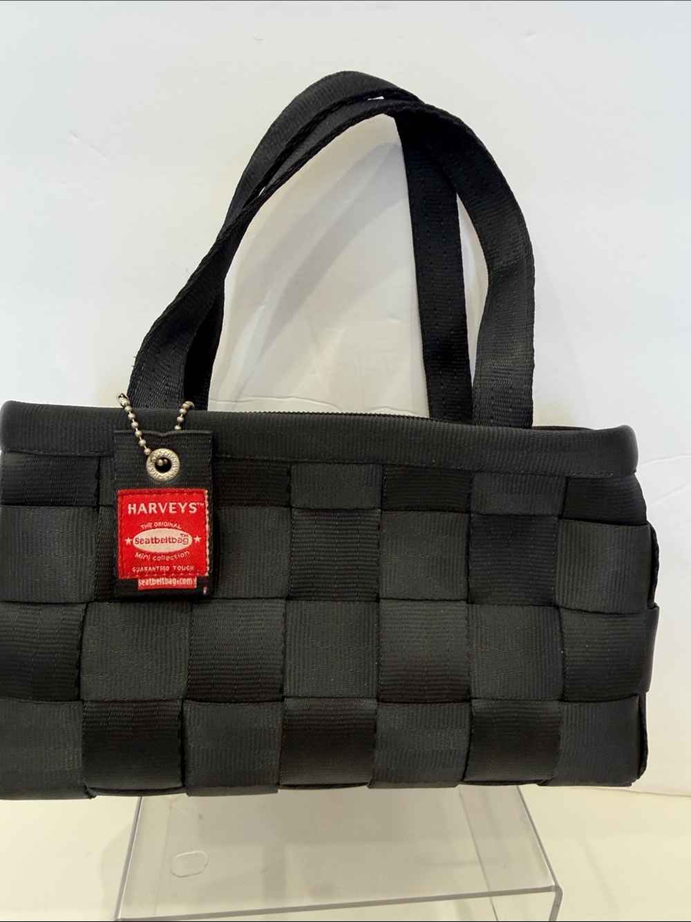Harveys Black Woven Seatbelt Handbag (Small) with Short Straps & Red Tag